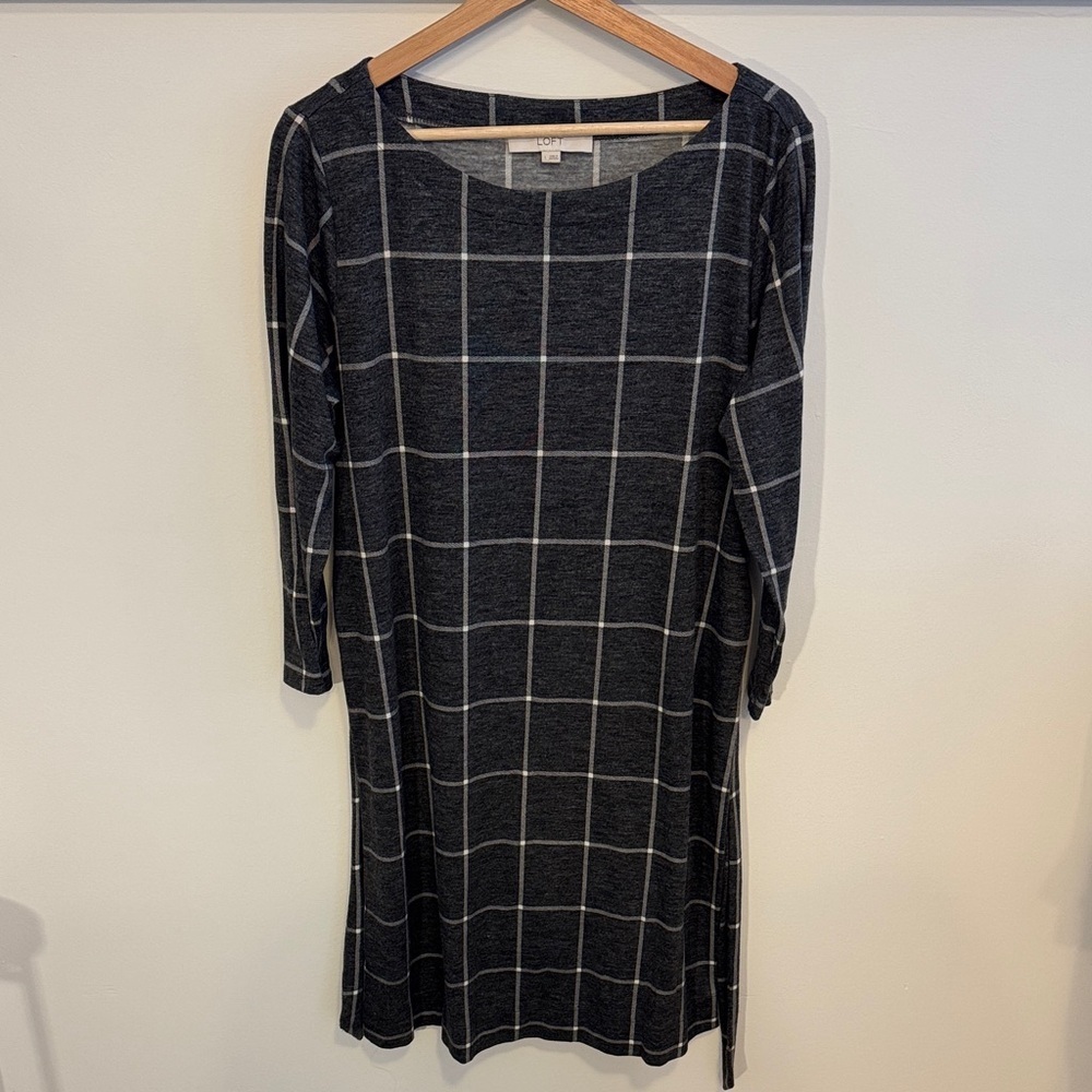 LOFT Women’s Gray Windowpane Dress 3/4 Sleeve Tie Waist Knit Casual Work Size L